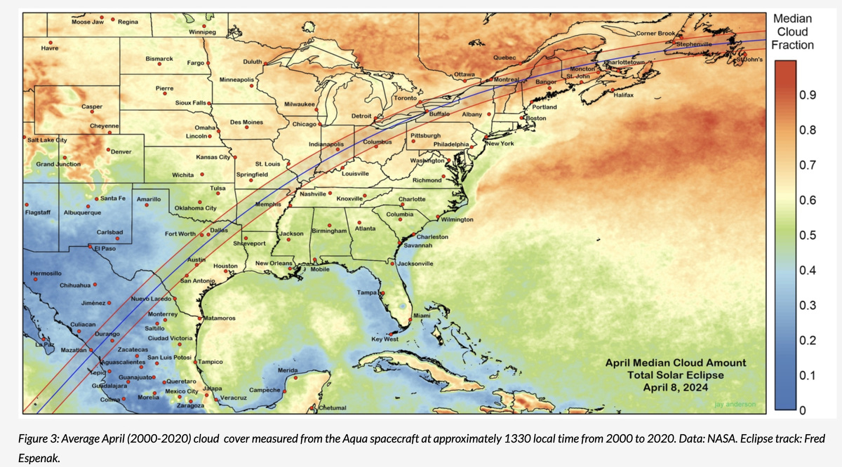 April Median Cloud Amount total solar eclipse for April 8, 2024