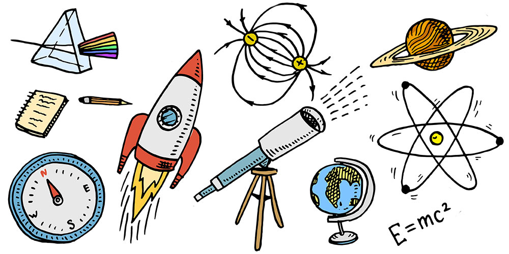 objects relating to astronomy telescope globe rocket atom magnetic field compass prisim Saturn